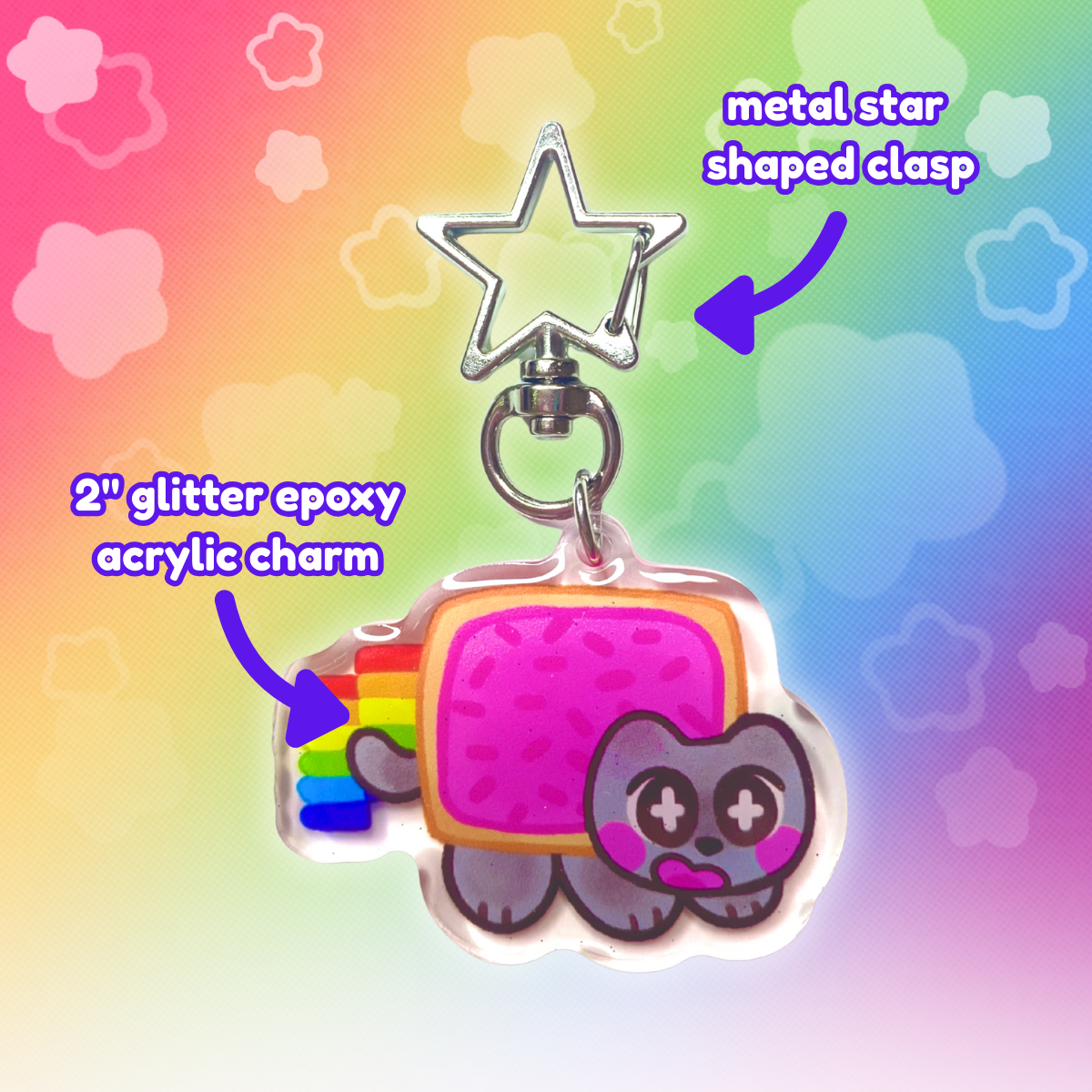Nyan Cat 2" Glitter Epoxy Keychain with Star Clasp