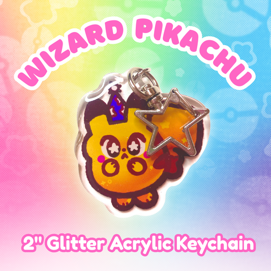PKMN Wizard Pikachu 2" Epoxy Glitter Keychain with Metal Star Clasp