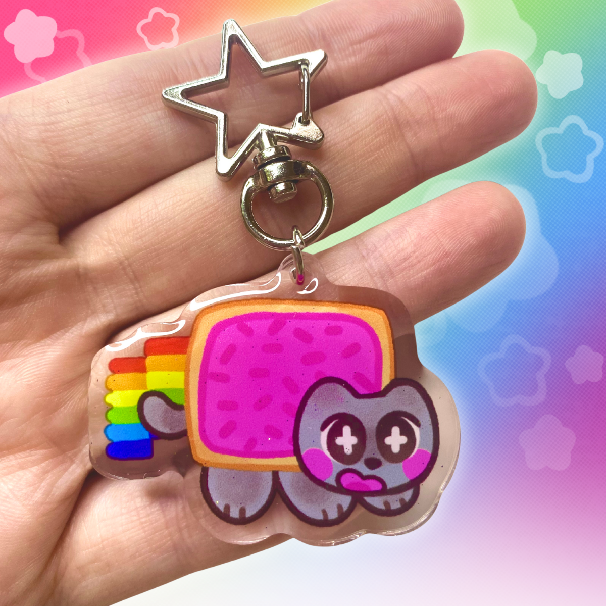 Nyan Cat 2" Glitter Epoxy Keychain with Star Clasp
